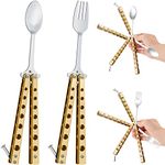 2 Pcs Butterfly Fork and Spoon Set, Tactical Butterfly Spoon Folding Stainless Steel Butterfly Fork for Travel BBQ Kitchen Camping Hunting (Gold)