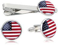 American Flag USA Tie Bar Clip and Cufflinks Set - Silver Colored Metal Plated - Luxury Clothing Accessories (Red White Blue), Small, Metal, no gemstone