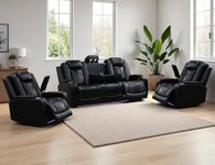 Anthato Power Recliner Sofa Set, Black Leather Reclining Couch & Chair Set, Living Room Furniture Sets, Luxury 3 Piece Living Room Furniture with Cup Holders/Storage/Charging for Home Theater/Office
