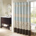 Madison Park Serene Shower Curtain Faux Silk Embroidered Floral Machine Washable Modern Home Bathroom Decorations, 72x72, Blue