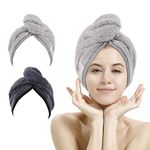 2 Pack Hair Drying Towels, Hair Wrap Towels, Super Absorbent Microfiber Hair Towel Turban with Button Design to Dry Hair Quickly(Dark Gray&Light Gray)