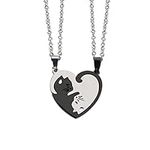 CERSLIMO Couple Matching Necklace for Boyfriend Girlfriend Best Friend, 2 PCS Couple Necklaces | Cat Puzzle Pendant Necklaces Birthday Christmas Day Gifts, Heart Shaped Silver & Black