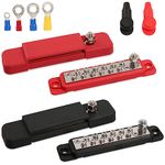 12 Terminal Power Distribution Block Bus Bar,48V 180Amps Rating Marine Bus Bar, Automotive and Solar Wiring - Battery Terminal Distribution Block,Equipped with 32PCS Ring Terminals,（Pair, Red & Black）