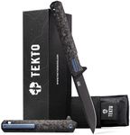 TEKTO F2 Bravo Folding Pocket Knife - D2 Steel Blade, Ceramic Ball Bearings - EDC - Snap, Swift Flip for Camping, Backpacking - 2.4oz (68g), Forged Carbon Handle, Blue Titanium Accents