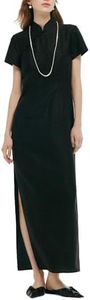 GOELIA 18MM Xiang Yun Silk Chinese Dress for Women Qipao Mandarin Collar Maxi Summer Dresses for Women Wedding Guest Casual Black