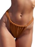 ZAFUL Women's Thong Bikini Bottom Low Waisted High Cut Cheeky Bathing Suit Bottoms with Adjustable Coverage, 1-brown, Large