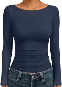 Trendy Queen Women's Boat Neck Tops Long Sleeve Shirts NavyBlue XS