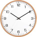 Driini Analog Dome Glass Wall Clock (12") - Wood Frame with White, Modern Face - Battery Operated with Non Ticking Hands - Large Decorative Clocks for Classroom, Office, Living Room, or Bedrooms.