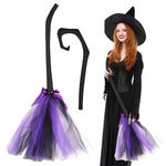 Laluky Halloween Witch Broom Decorative Costume Accessories, Masquerade Show Dress Up Supplies, Witch Broomstick Wizard Flying Gauze Broom for Women Adult Hallowee Party Decoration(purple+black)