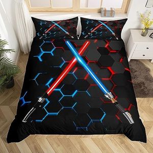 Neon Red Blue Lightsaber Duvet Cover Set Queen Size Geometric Honeycomb Bedding Set 3Pcs for Kids Girls Boys Teens Room Decor Fashion Games Comforter Cover Black 3D Hexagon Quilt Cover,2 Pillowcases