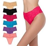 GAREDOB High Waisted Cotton Thongs for Women Lace Underwear Pack 6 Plus Size High Rise Retro Tummy Control Panties