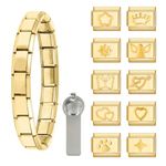 papasgix Italian Charm Bracelet Gold Set with Starter Brascelet, Assorted Gold Charms and Opening Tools, 9mm Modular Italian Charm Bracelet Links Handmade DIY Jewelry, one, Stainless Steel, Diamond