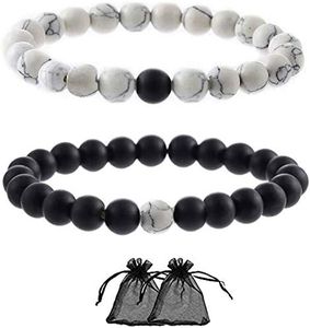 SwirlColor Distance Bracelets Black Matte Agate White Howlite Best Friends Relationship Couple Bracelets Distance Beads-2Pcs, 18-19 cm, Stone, Agate