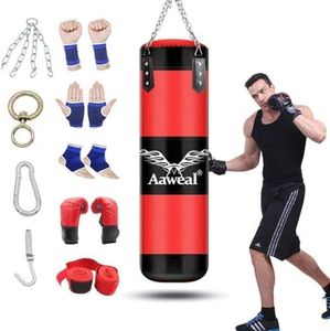 Heavy Punching Bag 100CM for Adults Youths Kids - Indoor/Garden Boxing Bag Unfilled Set with Training Gloves, Wraps, Chain, Ceiling Hook for MMA, Kickboxing, Muay Thai, Karate, Taekwondo Home Gym