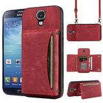 Phone Case For Samsung Galaxy S4 Wallet Cover with Crossbody Shoulder Strap and Leather Credit Card Holder Pocket Slim Stand Cell Accessories Mobile Flip Purse S 4 4S GS4 I9500 Women Girls Red