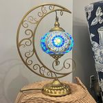 COMMODA Stunning Handmade Moon Shape Turkish Moroccan Mosaic Glass Table Desk Bedside Lamp Light with Gold Base Unique Table Lamp for Room Decoration (Blue)