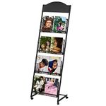 LIWSHWZ Magazine Rack Floor-Standing with Wheels, 4 Pockets Brochure Display Stand, Magazine Holder Newspaper Rack for Office Retail Shops Coffee Shops