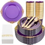 Nervure 350PCS Purple Plastic Plates - Purple Plastic Dinnerware Sets for 50 Guests - 100 Purple Disposable Plates, 150 Gold Plastic Silverware, 50 Cups, 50 Napkins for Wedding & Party