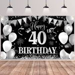 40th Birthday Backdrop Banner,BTZO Happy 40th Birthday Decorations,Black Silver Fabric Photo Backdrop Background for Men and Women 40th Birthday Party,180×110cm