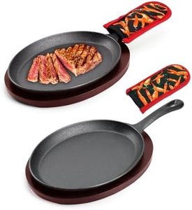 DVK Sizzling Plate with Wooden Base Fajita Skillet with Scald Protection Hot Mitt Cast Iron Plate for Home Barbeque Kitchen Service