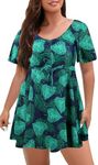 ECUPPER Womens One Piece Swimsuit with Sleeves Plus Size Swim Dress Modest Tummy Control Skirt Bathing Suit Built in Shorts Green Leaf