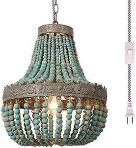 Newrays Lámpara de araña colgante de cuentas de madera Acabado azul Bohemio Boho Beachy Lámpara de techo Lámparas, enchufar