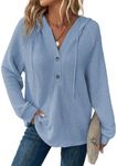 Dokotoo Hoodies for Women Waffle Knit Drawstring Button V Neck Long Sleeve Pullover Sweatshirt Hooded Tops Lightweight Sweaters Casual Cute Fall Fashion Outfits Clothes 2024 Light Blue Small