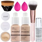 PHOERA Foundation, Full Coverage Foundation, PHOERA Primer, PHOERA Powder, PHOERA Makeup Set, Kabuki Makeup Brushes Foundation Brush Powder Brush,2 Pcs Makeup Sponge (101+102/Porcelain+ Nude)
