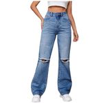 NUCOUTHS Women Wide Leg High Waist Stretchable Distress Blue Jeans | Size-30 (2CUT_Stone_a_30)
