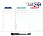 Dry Erase Cleaning Checklist Sticker Decal Planner by Glassboard Studio | Removable & Reusable | Magnetic Fine-Tip Dry Erase Marker Included (9 x 12 inches, Geometric)