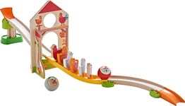 HABA 305396 – Kullerbü Marble Run Made of Wood with Domino Stone Effect, Barn Door and 6 Chickens, Wooden Toy from 2 Years, Multi-Coloured