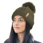 RockJock Ladies STORMACTIVE 100% Waterproof Warm Cable Knit Winter hat with Pompom and Thermal Cosy Liner-Olive