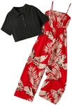 OYOANGLE Girl's 2 Piece Outfits Short Sleeve Button Down Shirt Crop Top and Wide Leg Pants Jumpsuit Set Black Red 9Y