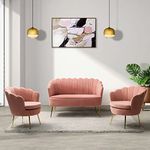 FABRICATION HAUS 3 Piece Velvet Furniture Set, Loveseat & 2 Sofa Chairs, Modern Comfy Upholstered 2-Seater Sofa & Accent Chair Set for Bedroom, Flower Shaped Back & Gold Legs, Pink