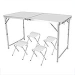 FOLDING CAMPING TABLE AND CHAIRS 4 FOLDABLE PICNIC GARDEN STOOL BBQ OUTDOOR SET TRESTLE PICNIC BOAT CARAVAN ADULT KIDS HEIGHT ADJUSTABLE WITH STOOLS SEATS BENCH POP UP PORTABLE COMPACT (White)