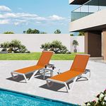 Domi Outdoor Lounge Chairs Set of 3, Aluminum Lounge Chairs for Outside with 5 Position Adjustable Backrest, Including 2 Outdoor Chaise Lounge and Side Table for Beach, Yard, Poolside, Orange