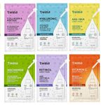 Twasa Collagen & Peptide, Hyaluronic Acid, AHA+BHA, Niacinamide, Retinol, Vitamin C Serum Face Sheet Mask Combo for All Skin Type | Korean Face Mask for Glowing Skin | Pack of 6