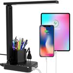 COZOO Dimmable Desk Table Lamp with Pen Holder/Organizer,LED Desk Lamp with USB Charging Port/Type C Port/Outlets/Storage Box/Touch,Kids Desk Reading Light for Dorm/Study,Desk Lamp for Home Office