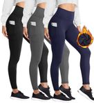 HIGHDAYS 3 Pack Women's Fleece Lined Leggings with Pockets - High Waist Winter Thermal Warm Workout Running Yoga Pants, Black/Gray/Navy Blue, ONE Size