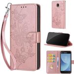 for Samsung Galaxy J3 2017 Case, Embossed Premium PU Leather Folio Flip Notebook Wallet Cover Compatible with Samsung J3 2017 Phone Case [Magnet Closure][Kickstand][Card Slots], Rose Gold Butterfly