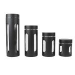 Home Basics 4-Piece Stainless Steel Wrapped Glass Canister Set for Kitchen Countertop with Windows and Airtight Lids - 21 oz, 32 oz, 44 oz, 60 oz - Sleek Black Finish