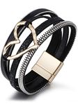 Multilayer Leather Wrap Bracelet Boho Heart Bracelet with Magnetic Clasp Rhinestone Leather Cuff Bracelets for Women Layered Leather Bangle Bracelet(black)