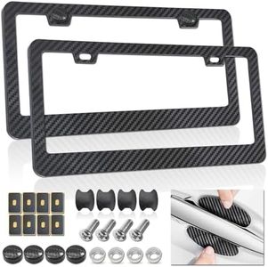 FBJTDQ Carbon Fiber License Plate Frames - Black plastic Car Tag Holder Cover Printed Carbon Pattern with Screws Caps Handlebar Stickers, Front & Rear 2 Pack