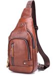 BULLCAPTAIN Leather Sling Bag Mens Chest Bag Casual Shoulder Crossbody Bag Travel Backpacks Daypack with USB Charging Port, Brown, Sling Backpacks