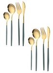 Trifecta Gold Flatware Royal 8 Pieces Matte Handle 18/10 Stainless Steel Tableware Sets for 4 Including Forks Spoons Knives, Camping Silverware Travel Utensils Set Cutlery(Green, Set of 8)