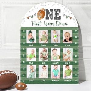 Football First Year Photo Board First Year Down Birthday Party Decorations Wooden Board 12 Monthly Milestone Picture Frame Sport 1st Birthday Banner for Baby Boy Keepsake Gift Supply (Fit 2x2.8in Pic)