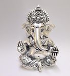 Gold Art India 999 Matte Silver Plated Antique Mukut Ganesha - 3.5" - Perfect for Gifting, Home Decor, Car Dashboard Murti Ganpati Idol for Home Decor Puja Statue Gift for Office Desk Puja Room