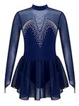 Agoky Big Girls Sparkle Mesh Splice Figure Ice Skating Dress Gymnastic Dance Leotard Tutu Skirt Performance Costume Navy Blue 12 Years