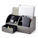 Vlando Desk Organiser with Drawer, Leather Office Stationery Desk Tidy Organiser, Multifunctional Desktop Pen Organizer,Remote Control Holder