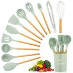 Kitchen Utensil Set, 12 Pcs Silicone Cooking Utensils with Holder, Non-Stick Cooking Tools with Wooden Handle, Silicone Kitchen Gadgets Cooking Spatula Turner Heat Resistant Tools